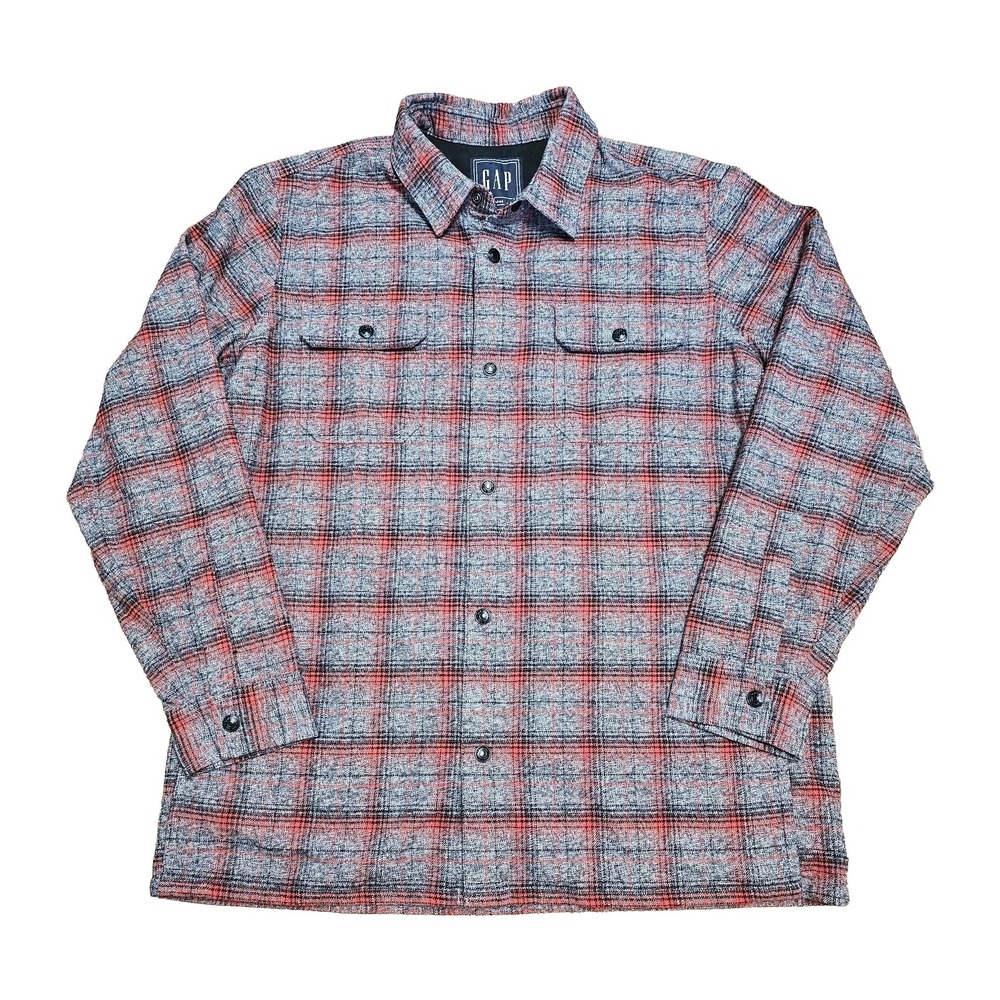 NWT Gap Men's Shacket Heavy Flannel Snap‎ Closure Gray & Red Shirt Jacket Size L